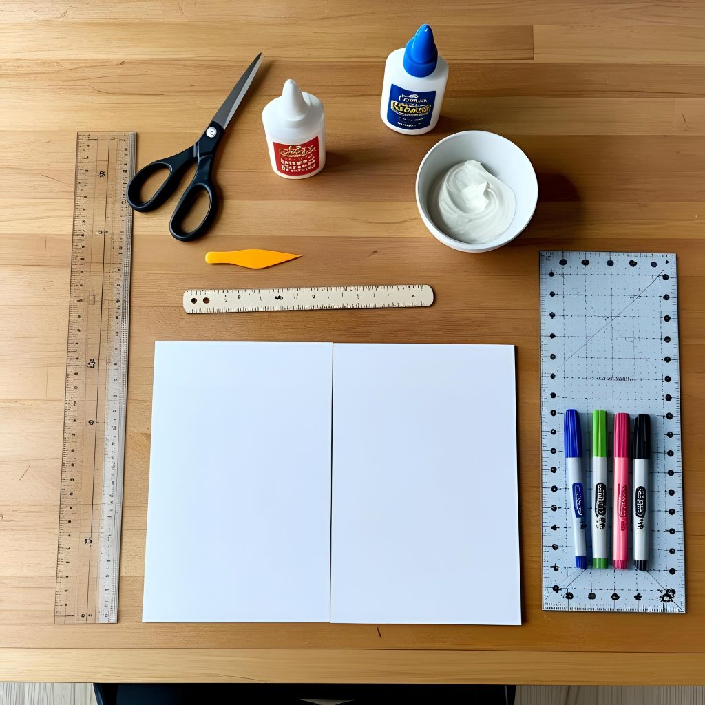 un bureau d'activité de scrapbooking avec le matériel bien disposé pour travailler: une paire de ciseau, de la colle, une règle, des feutres de couleurs